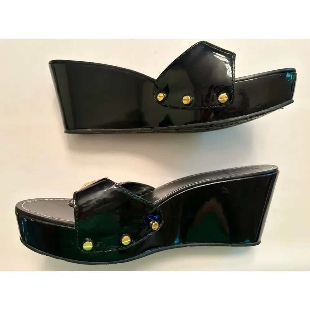 Tory Burch Sz 9 Place Patent Leather Wedge Heel Slip On Sandals
